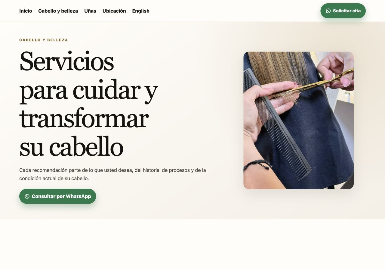 Página de servicios de Leidy Villamizar Studio: servicios de cabello y acceso a WhatsApp