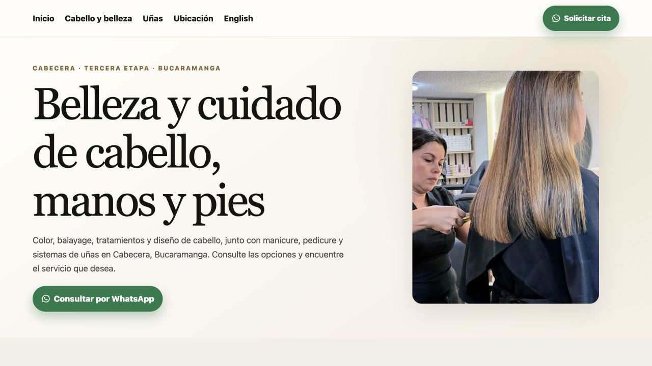 Página de inicio de Leidy Villamizar Studio con servicios de cabello y uñas y contacto por WhatsApp